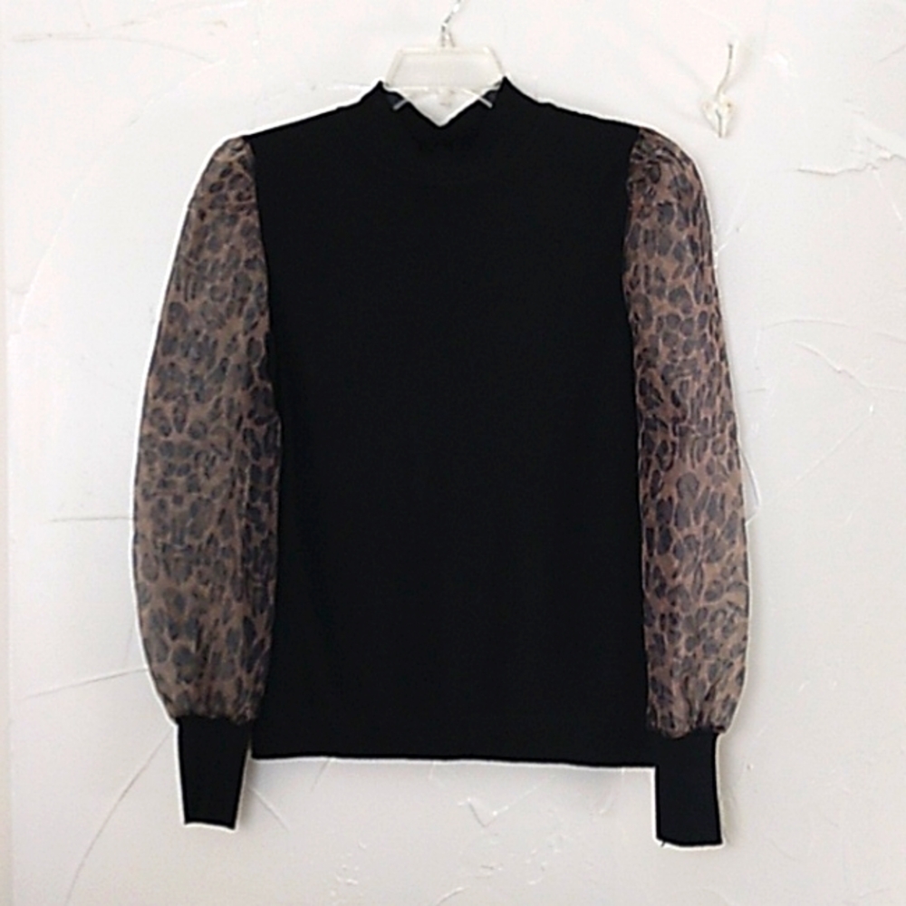 Sioni Leopard‎ Sleeve Sweater Size Large Mock Neck Pullover Lightweight